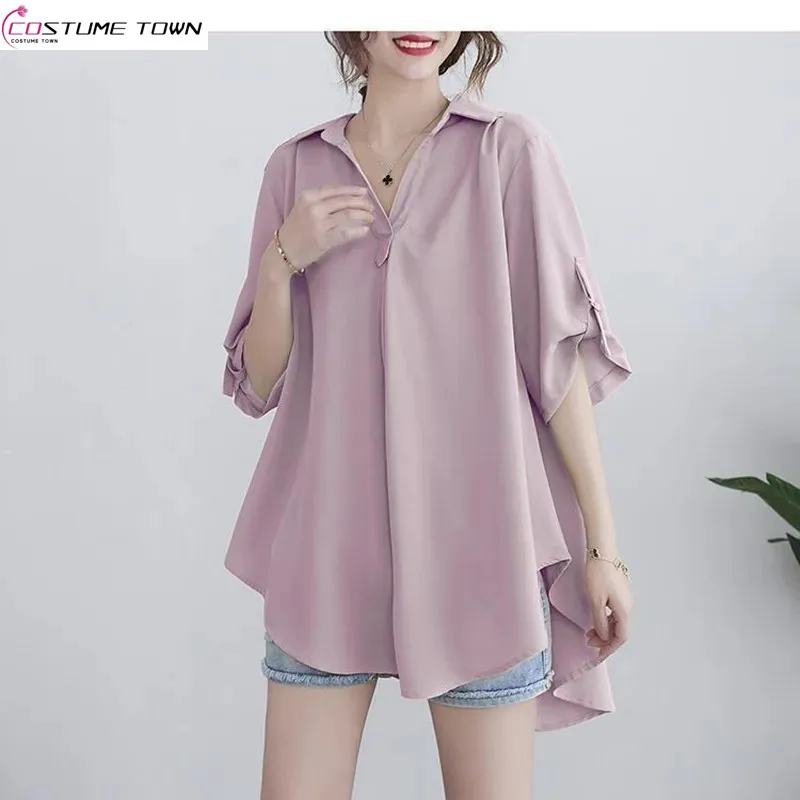 

Шифоновая рубашка средней длины с коротким рукавом для женщин, Новинка лета 2024, Свободная шифоновая рубашка большого размера с талией для придания стройности