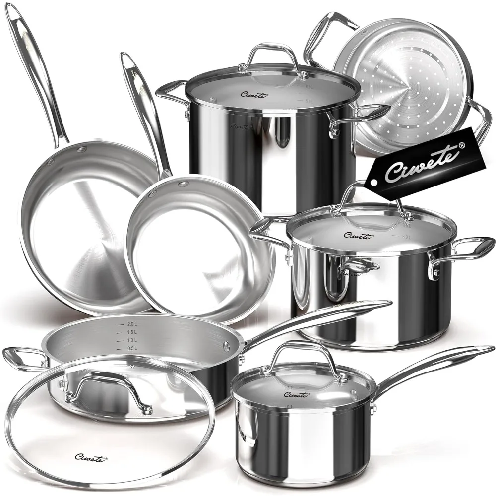 

Tri-Ply Stainless Steel Pots and Pans Set 11-PC, 18/10 Stainless Steel Induction Cookware Set with Steamer Insert, Kitchen Cookw