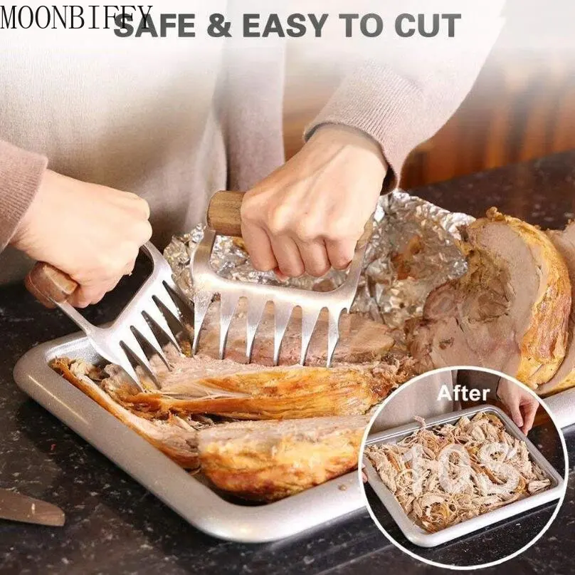 2 Pieces Meat Grinder Claws Stainless Steel Barbecue Claws For Meat  Shredding Pulled Pork Long Wooden Handle With Bottle Opener Kitchen Tool