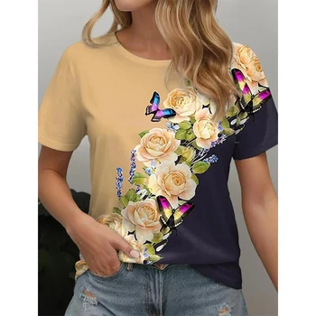 T-shirt da donna estiva Fiore floreale Stampa 3D Tee Moda Casual O-Collo Manica corta T-shirt Y2k Top Harajuku Abbigliamento femminile 1