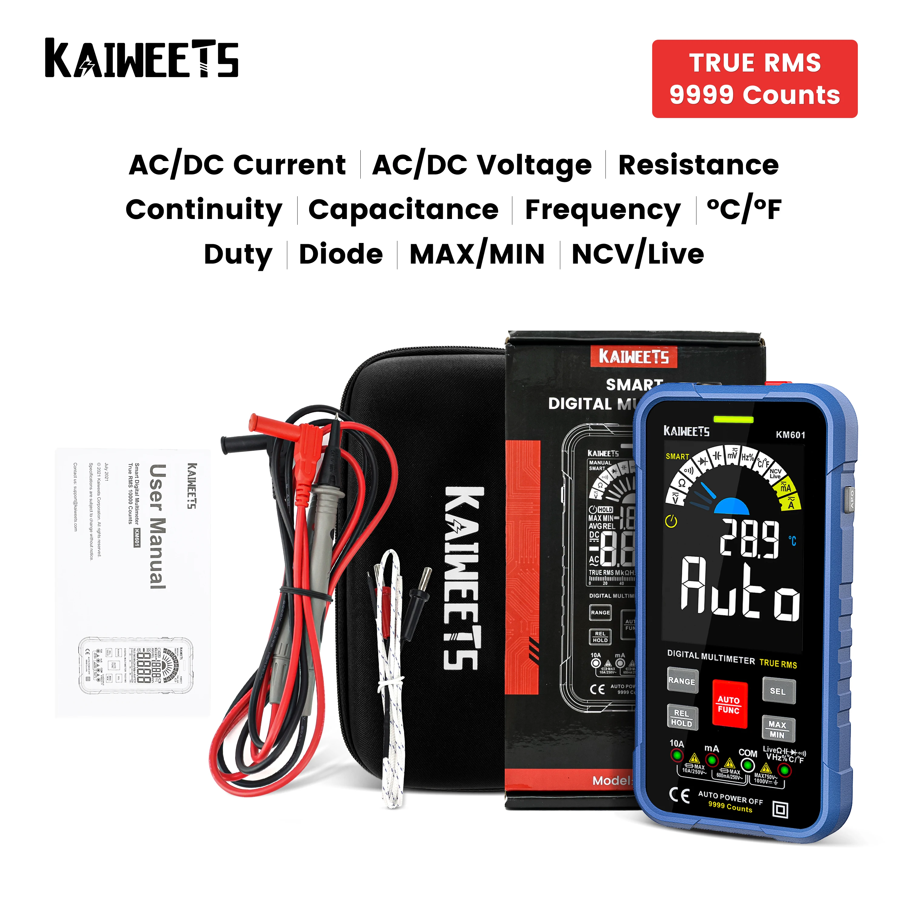 KAIWEETS – multimètre numérique intelligent KM601 à 9999 comptes, plage  automatique 1000V 10a, testeur mètre Ohm Hz, capacité REL True RMS AC DC DMM