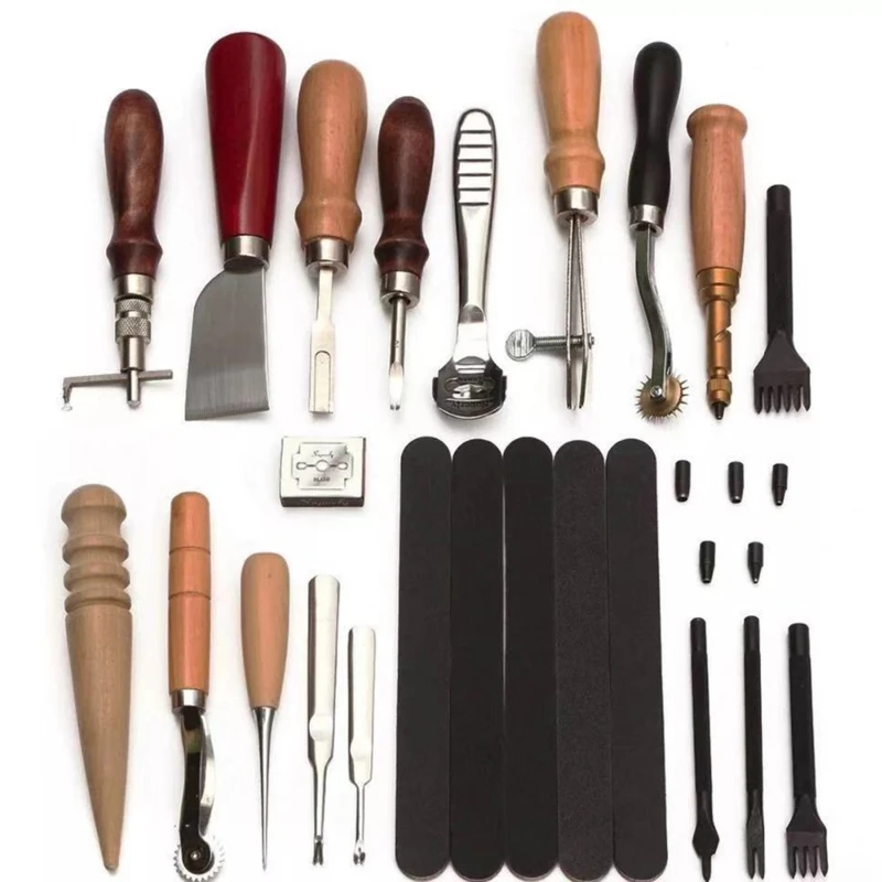 18 Pcs/Set Professional Leather Craft Tools Kit Hand Sewing Stitching Punch Carving Work Saddle Set Accessories DIY Tool Set