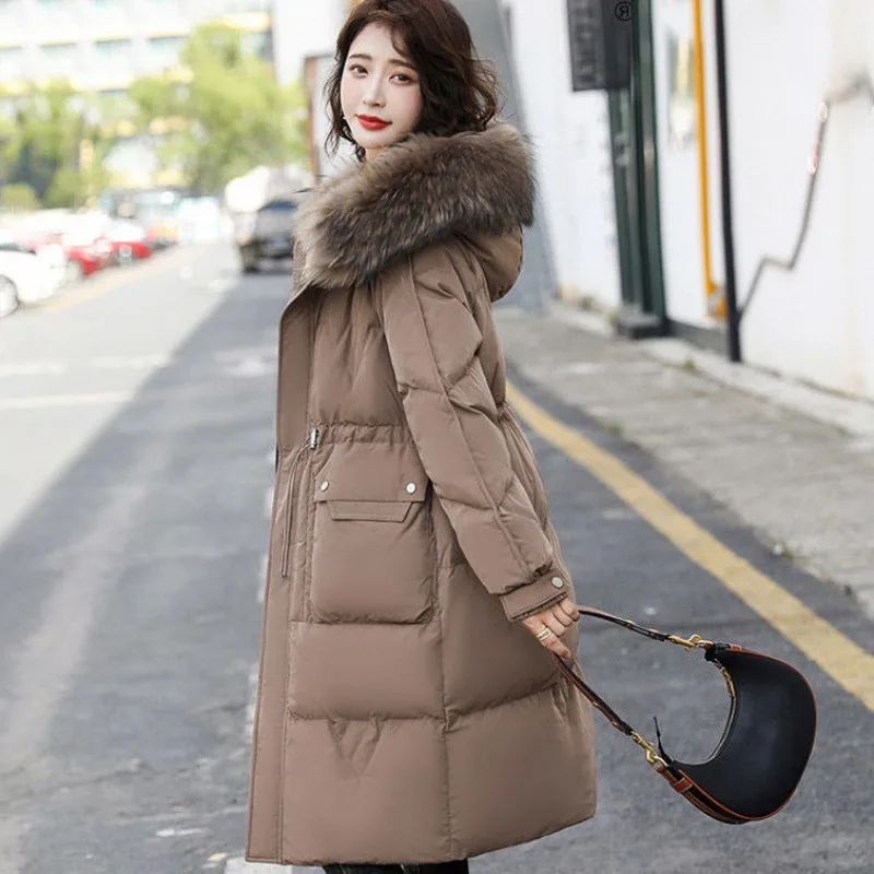 2023 New Women Down Jacket Winter Coat Female The Waist Parkas  Mid Length Version Outwear Real Fur Collar and Hat Overcoat