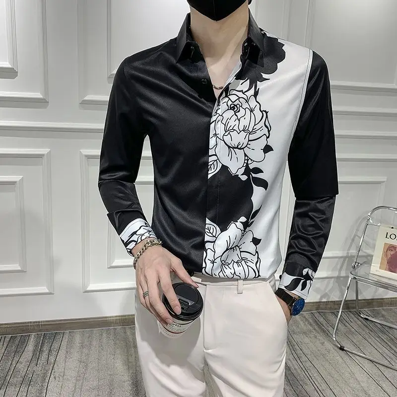 Men shirt Long-sleeve Spring and Autumn Colorblock Handsome Fashionable Slim-fit Korean Style Shirts and blouses