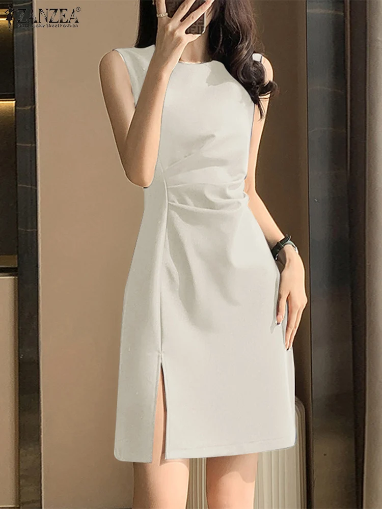 

Women Elegant Mini Dress ZANZEA Korean Fashion Draped Short Robes Summer Sleeveless O-neck Tank Dress Office Slit Hem Vestidos