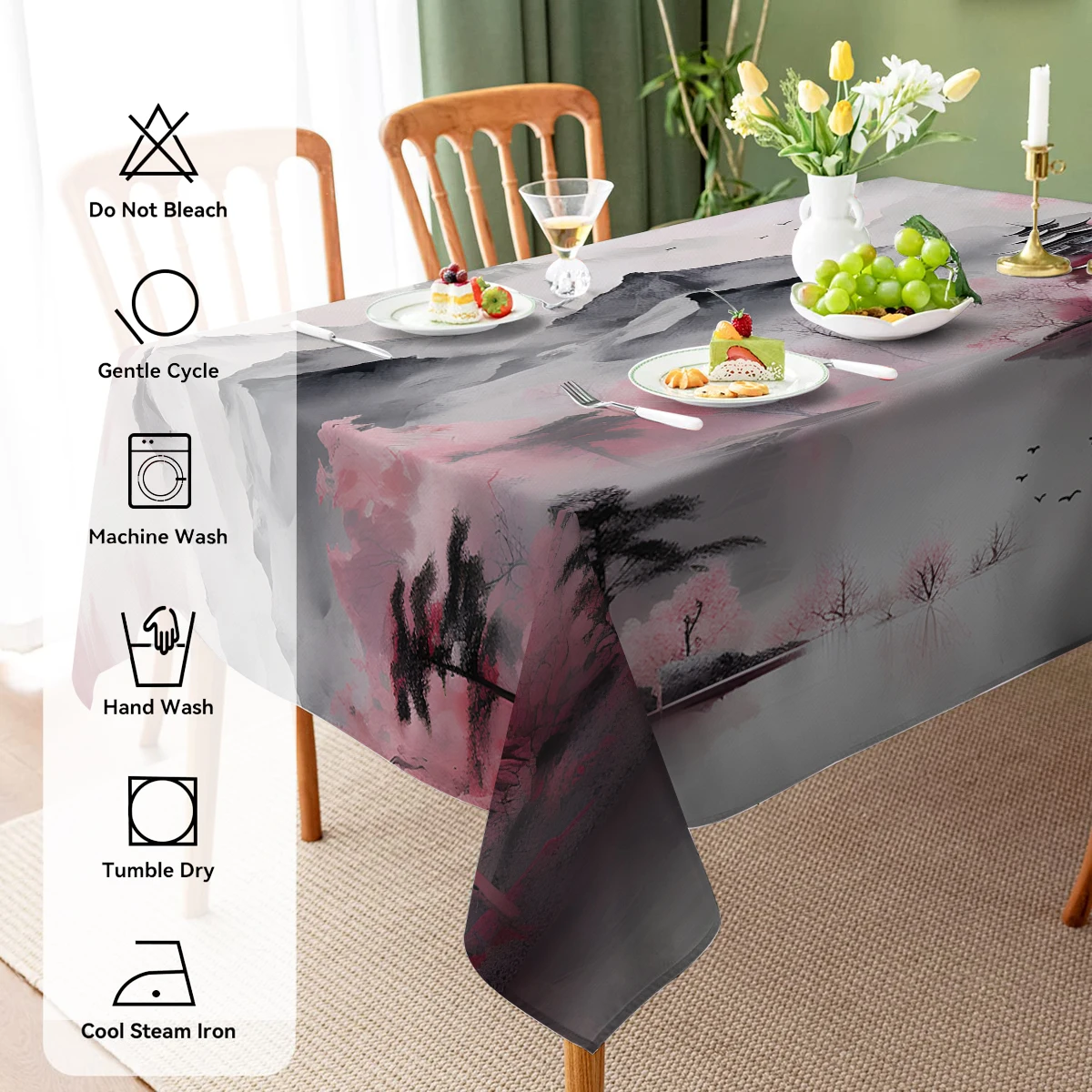 Chinese Ink Style Landscape Stain Resistant Tablecloth Birthday Party Decoration Waterproof Rectangular Polyester Home Decor