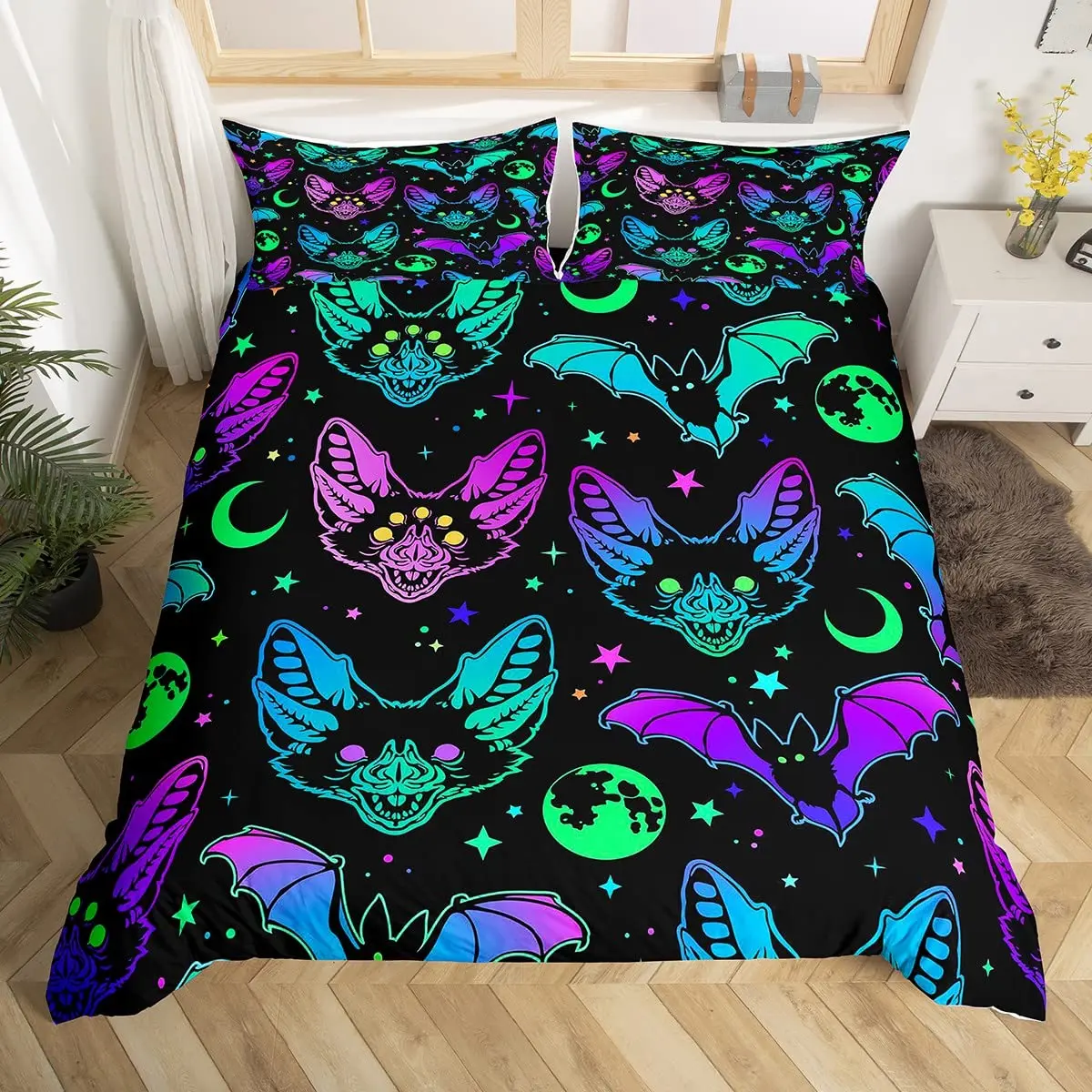 Комплект постельного белья, с изображением кошки и черепа, черно-белое, для Хэллоуина, 2 или 3 предмета