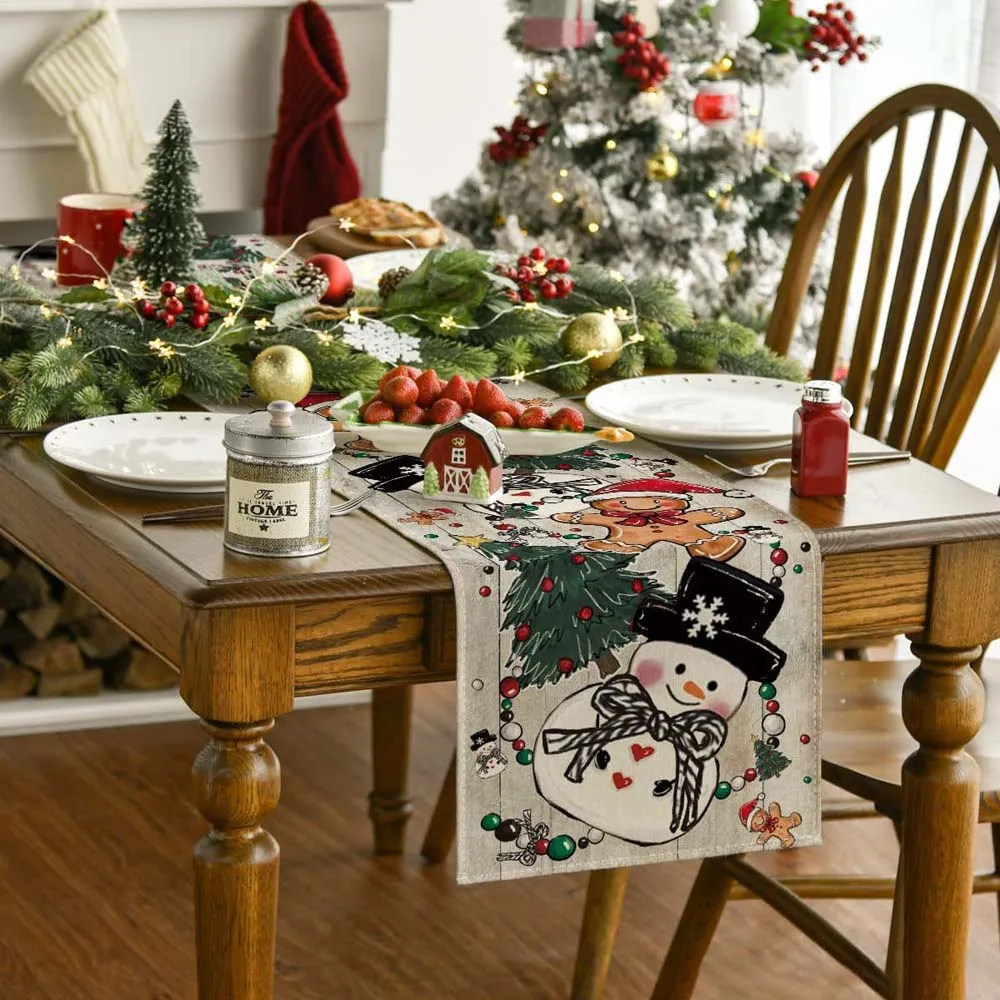 Description Picture 4 of item30x180cm Christmas Snowman Table Runner Reindeer Xmas Tree Print Table Mat Christmas Dining Table Decorations 2025 New Year Gift