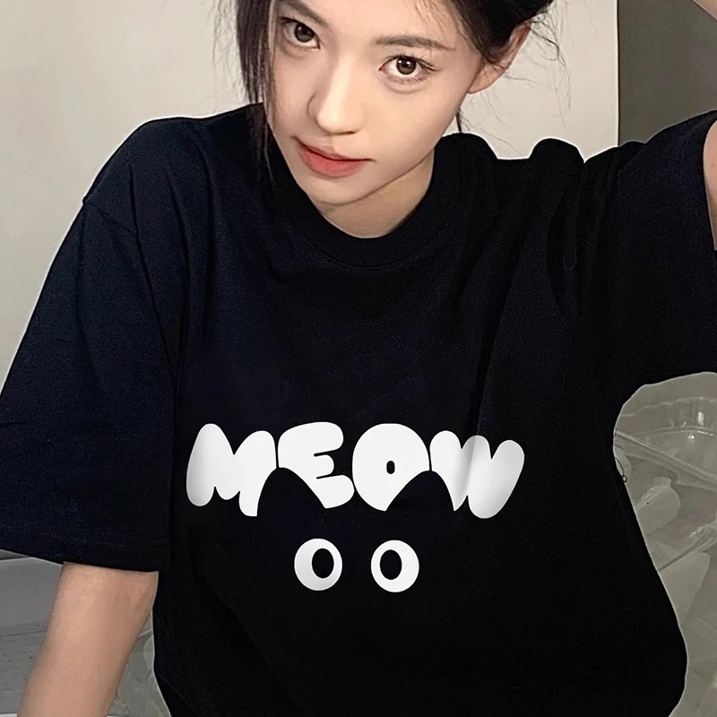 

Футболка женская с мультяшным принтом кота, модный Свободный Повседневный хлопковый топ черного цвета, большие размеры 3XL, на лето