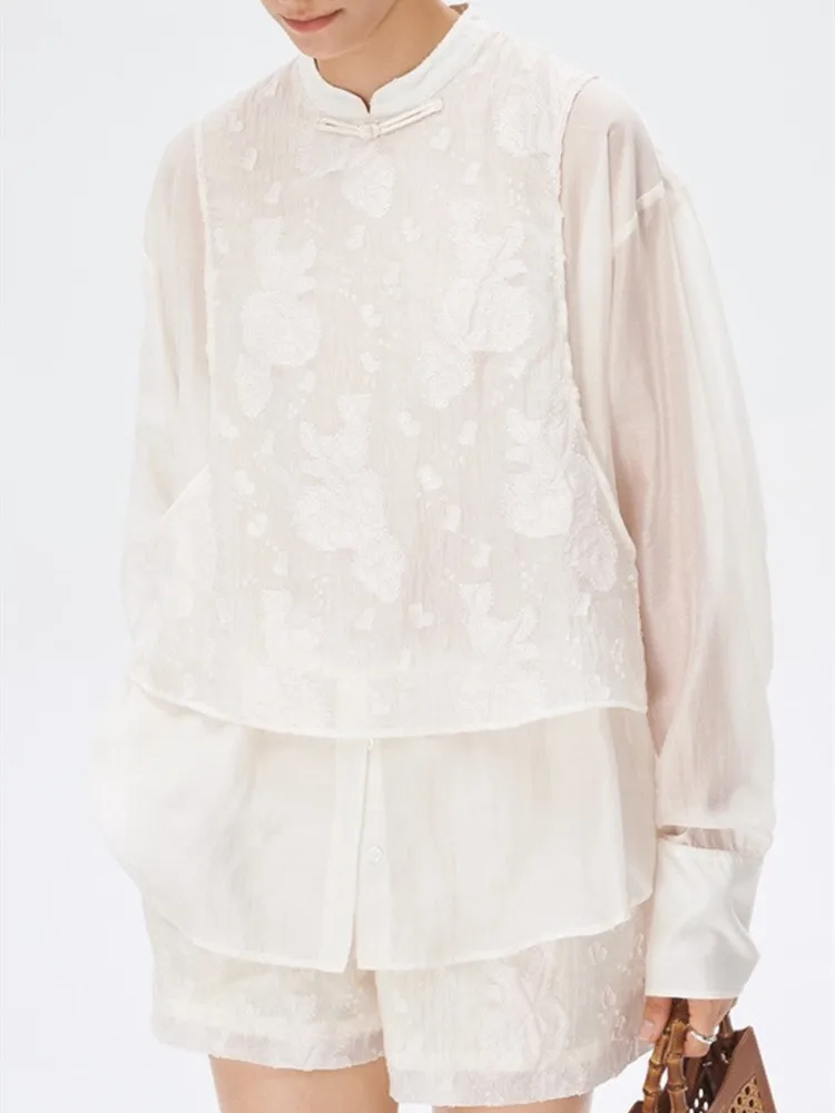 

Summer New Lady Two Pieces Set Women Jacquard Embroidery Fake Two Pieces Long Sleeve Blouse and Elastic Waist Drawstring Shorts