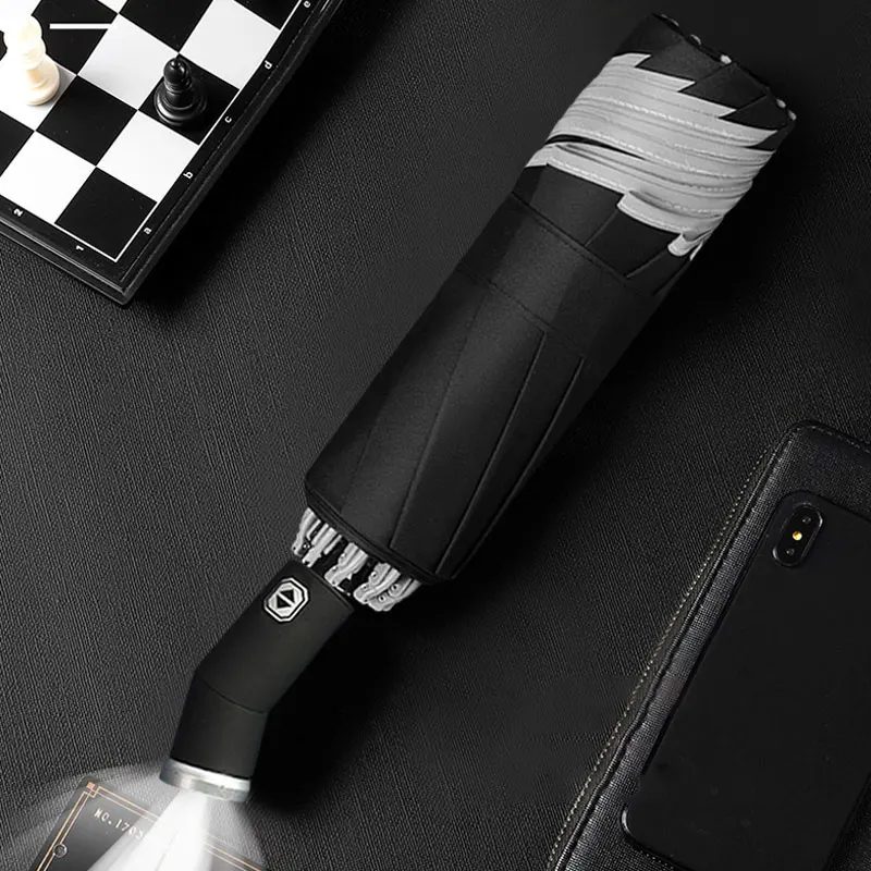 Folding Umbrella Automatic Umbrella Windproof LED Flashlight Reflective Stripe Reverse Light Rain Men Women Large