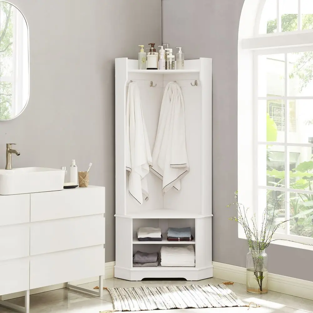 4-Tier Corner Hall Tree With Shoe Bench, Entryway Coat Rack With