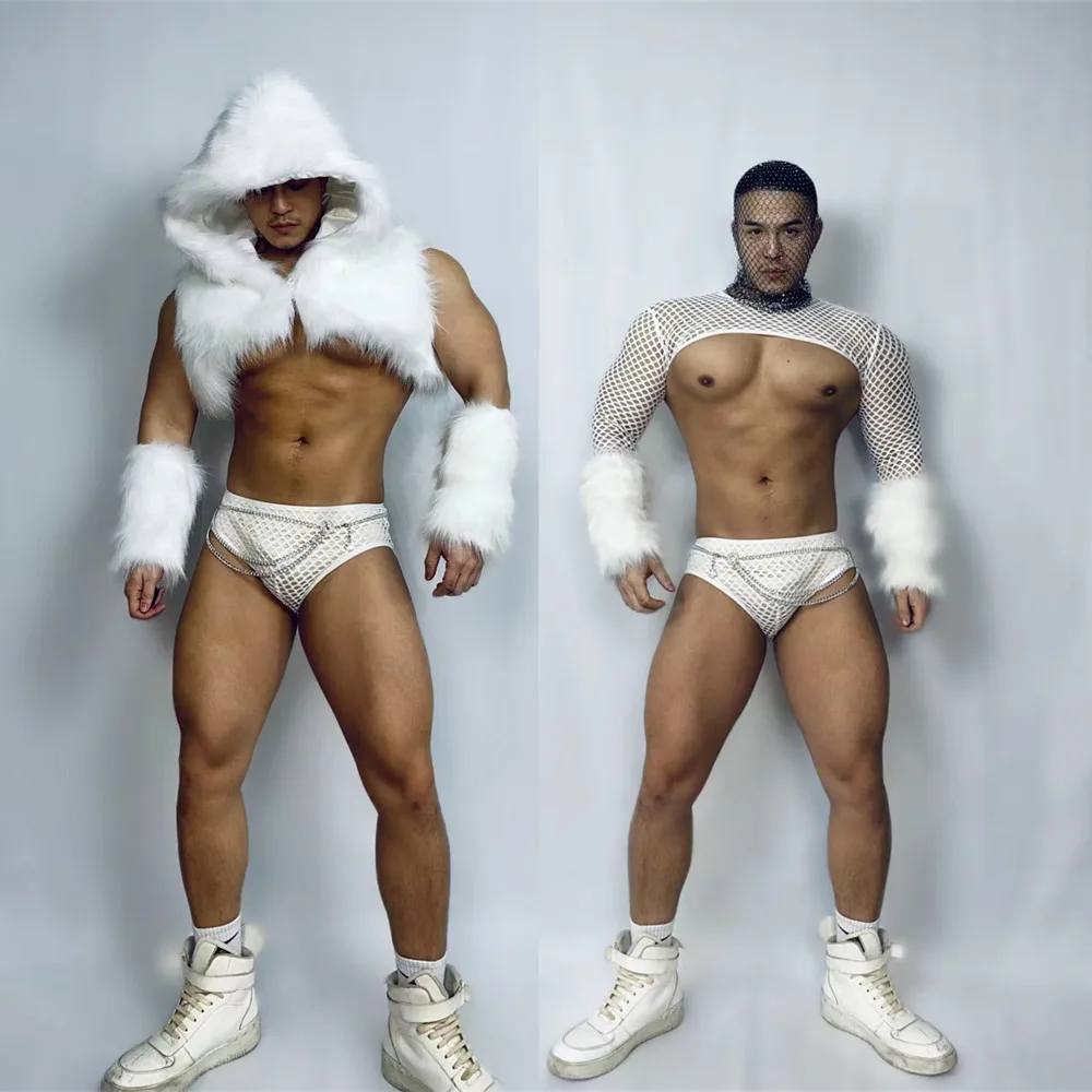 nightclub-bar-party-show-stage-performance-clothes-white-fur-faux-tops-shorts-outfits-sexy-muscle-man-dj-pole-dancing-costume