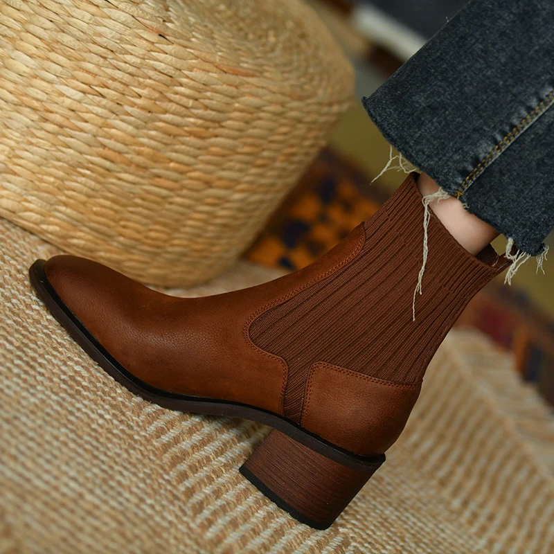 Botines de estilo francés para mujer, básicos de Patchwork, piel vaca, de punto, gruesos, talla 42, primavera, Otoño e Invierno| | - AliExpress