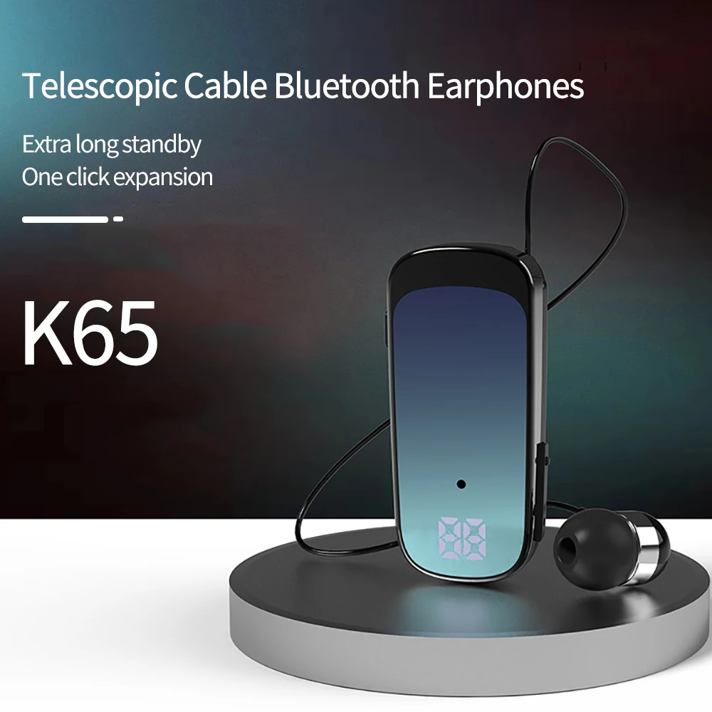 

K65 Bluetooth Earphones Retractable Cable Lavalier Headset Single Ear Handsfree Business Headphone Call/Music 20H