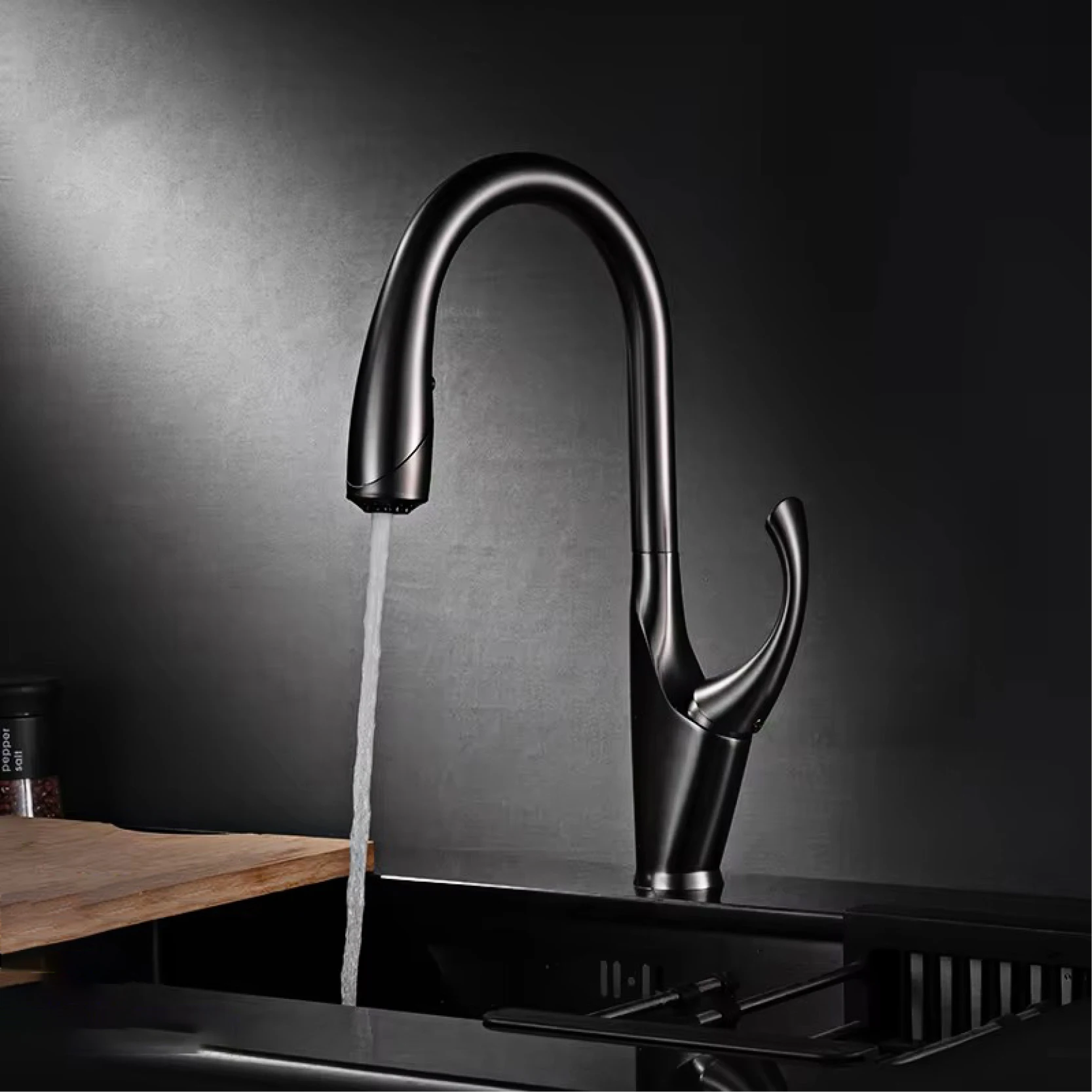 Luxury black brass touch switch kitchen faucet single handle ceramic valve core hot&cold water pull-out type 3-function sink Tap 4
