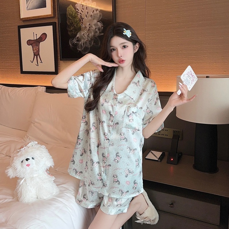 Ice silk thin section sweet cute kitten ladies pajamas summer 2025 new short-sleeved shorts lapel girls homewear two-piece suit
