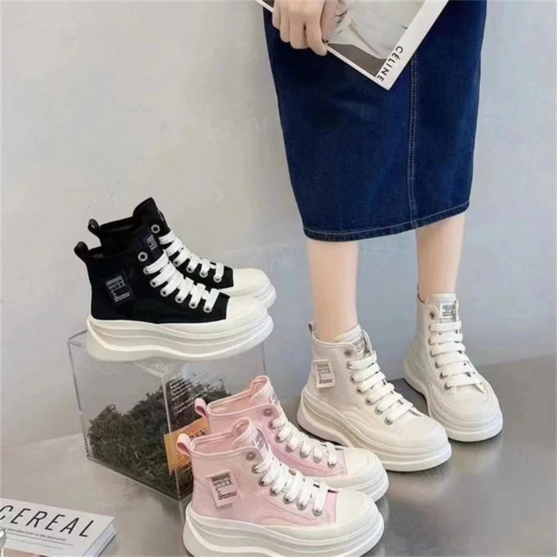

2023 New Men and Women Couple Vulcanized Shoes High Quality Thick Sole Canvas Sneakers Casual Round Toe Lace-Up Flats