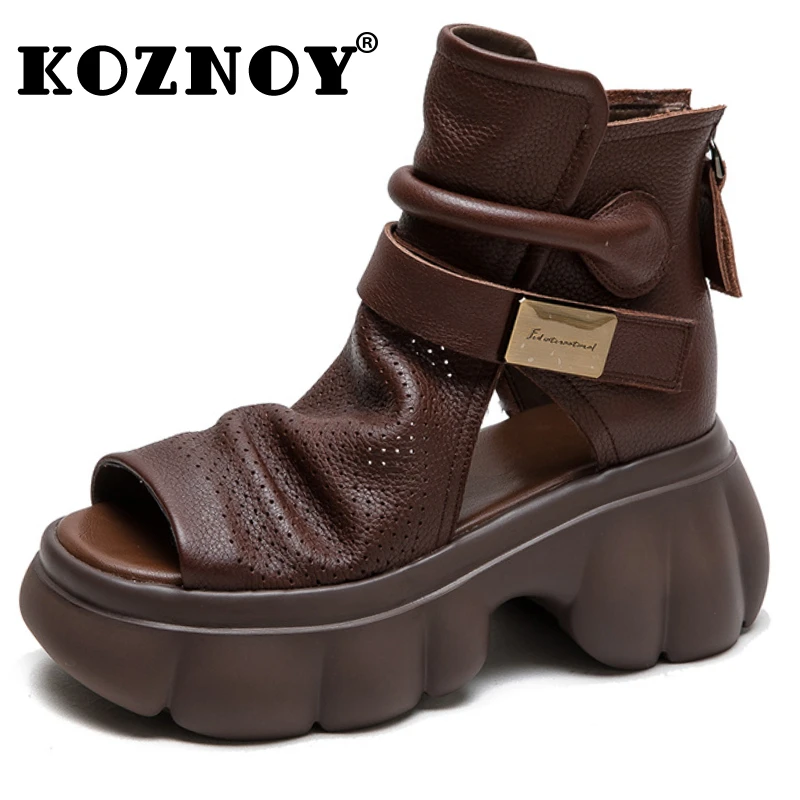 

Koznoy 6.5cm Genuine Leather Boots Chimney Women Summer Sandals Hollow Ankle Booties Peep Toe Moccasins Fashion Motorcycle Shoes