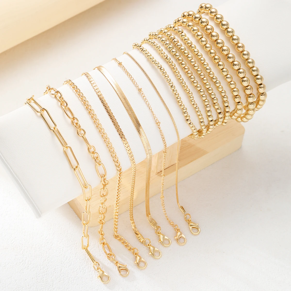 15Pcs Gold Color Bracelet Sets for Women Boho Retro Thick Twist Cuban Chain and Beads Bracelet Trendy Quality Jewelry Gifts New