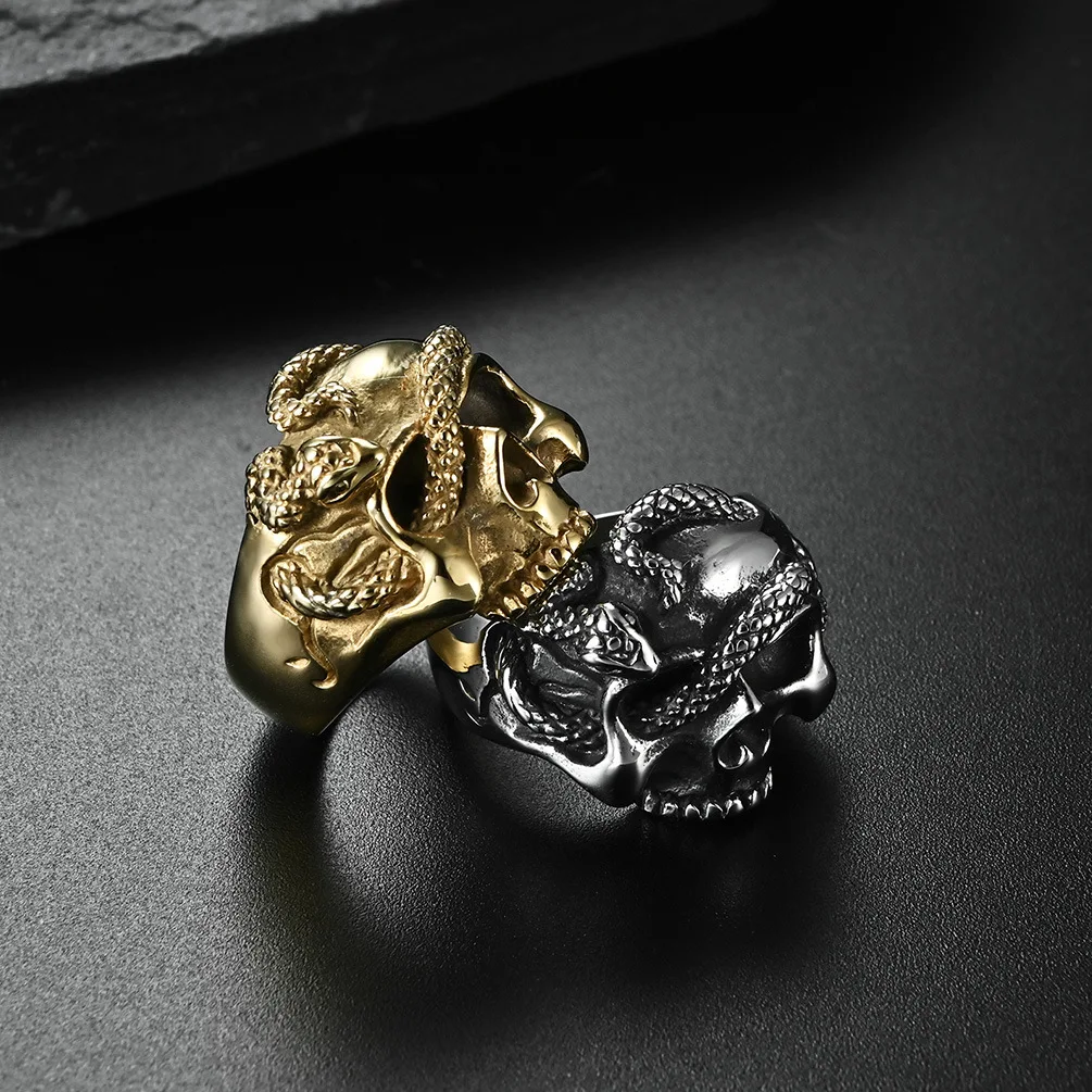 Megin D Stainless Steel Titanium Evil Eyes Hip Hop Skull Snake Gothic Punk Ring for Men Women Couple Gift Fashion Jewelry Friend
