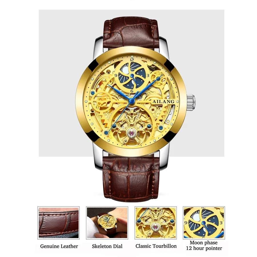 Orologio da uomo di lusso AILANG con tourbillon scheletrato, a carica automatica, meccanico, in acciaio inossidabile, impermeabile, da uomo._voghion.com