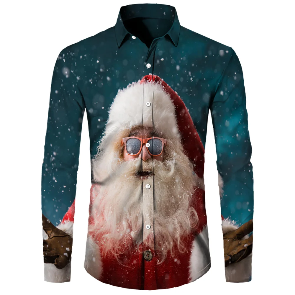 2023 New Fashion Men's Long Sleeve Christmas Printed Button Shirt Casual Men's Home Party High Quality Men's Top Plus Size