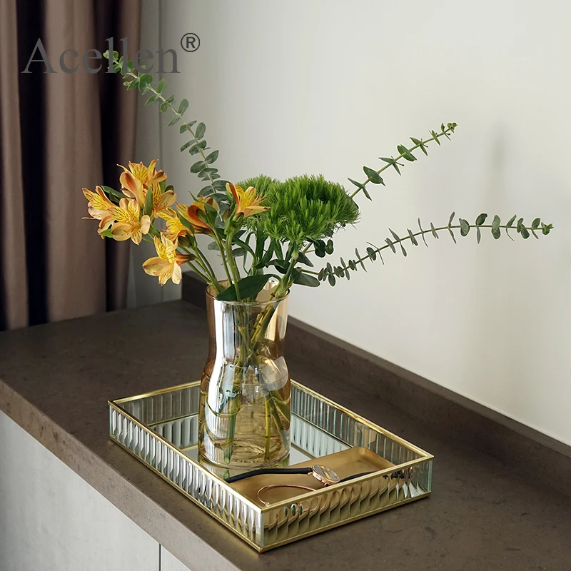 Glass Mirror Tray Gold/sliver/black Metal Edge Red Wine Plate Decorating Storage Tray Cake Tools Home Deco Modern Storage Trays