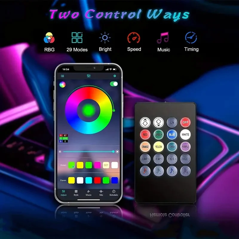 LED 자동차 음악 조명 스트립, 48LED, USB 스마트 블루투스 앱 제어, 방수 멀티 컬러 RGB 자동차 인테리어 분위기 조명 스트립