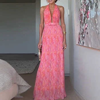 Sexy Low-cut V-neck Tie-up Evening Dress Women Fashion Pattern Print Pleated Long Dress Elegant Sleeveless Backless Party Dress 1