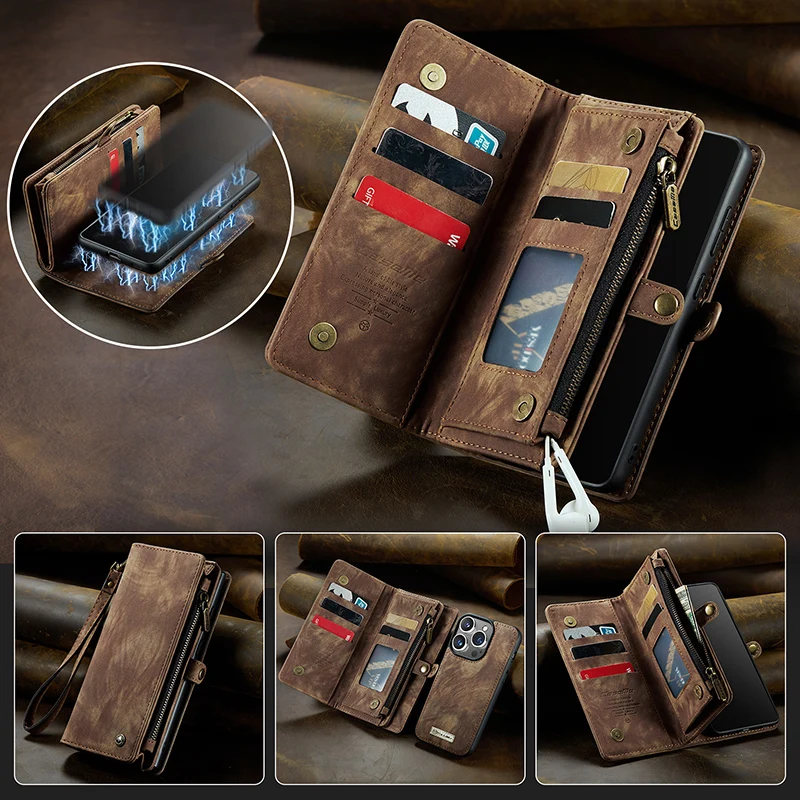 

2 in 1 Detachable Leather Zipper Magnetic Card Slot Wallet Case For iPhone 14 13 12 11 Pro Max 14 Plus 13 Mini Mobile Phone Bag