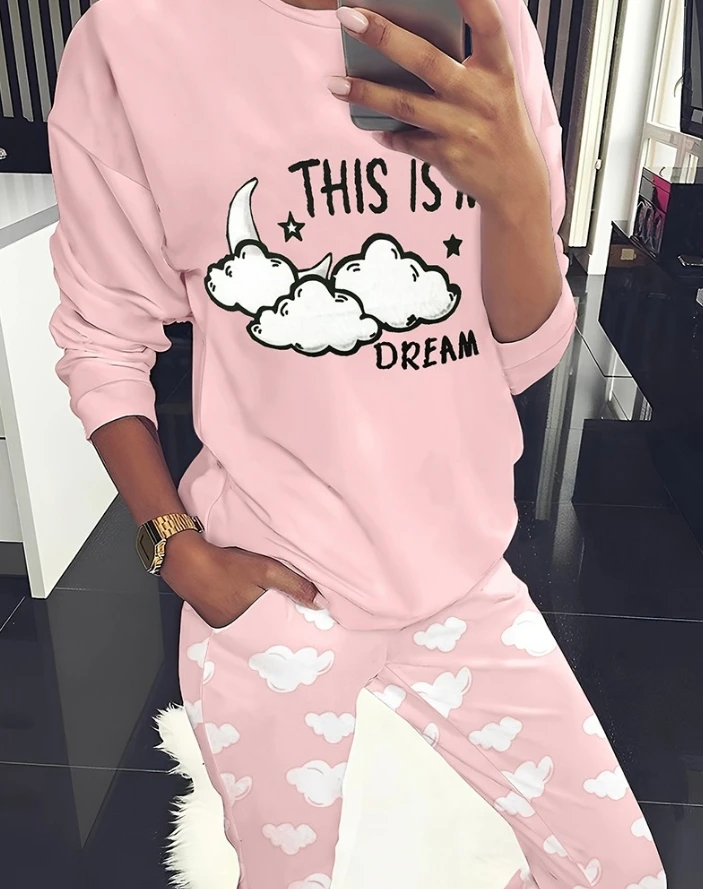 Women's Pajamas 2 Piece Set 2024 Spring New Round Neck Long Sleeves Graphic Print Comfortable Pajamas Set Daily Casual Home Sets