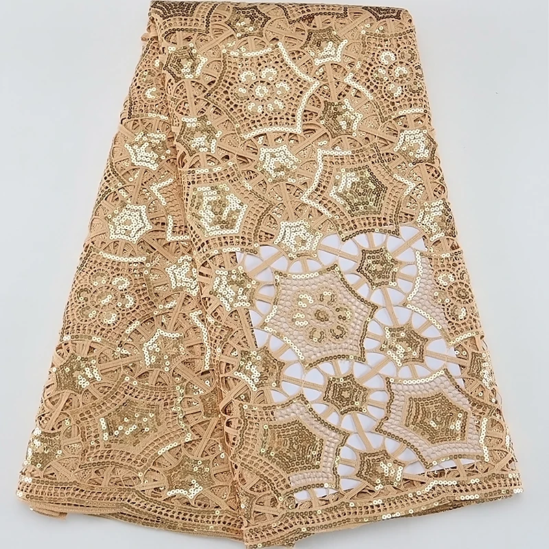 

Gold 2023 African Water Soluble Net Sequins Lace Fabric Nigeria High Quality Guipure Cord Fabric For Women Celebrotion Dresses
