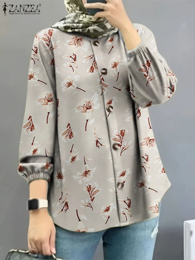 

ZANZEA Fashion Puff Sleeve Tunic Tops Autumn Floral Printed Muslim Blouse Woman O-Neck Party Chemise Vintage Eid Mubarek Shirts
