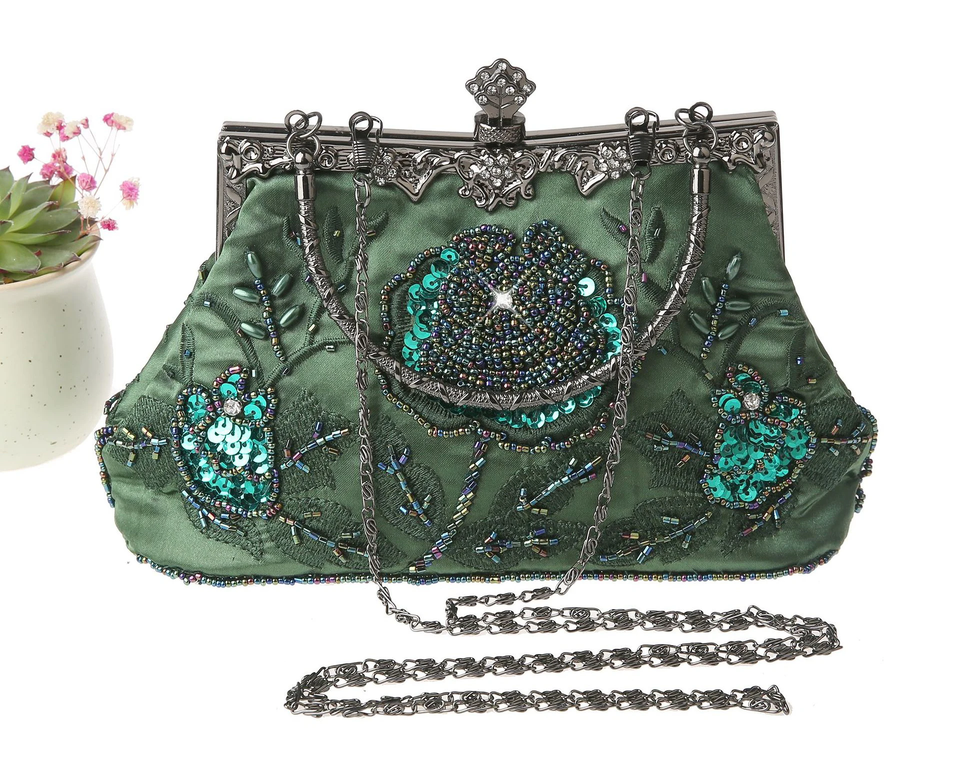 Luxy Moon Green Vintage Embroidered Clutch Front View