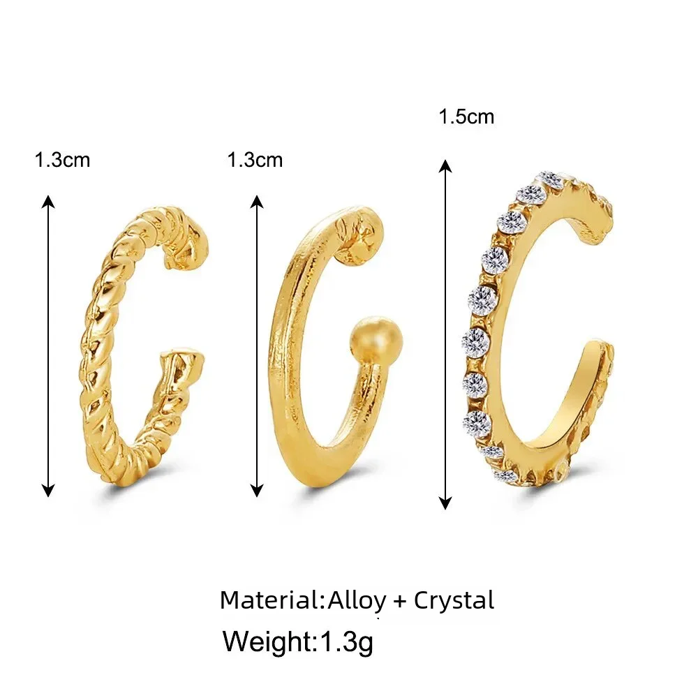 Ear Clip 3PCS Vintage Simple Metal Crystal Ear Cuff for Women Teens Non Piercing Fake Cartilage Clip Earrings Set Jewelry Gift