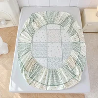 Floral Patchwork Fitted Sheet Twin Queen Size 100% Cotton Green Plaid Deep Pocket Sheet 3Pcs Shabby Chic Botanical Bed Sheet Set 6