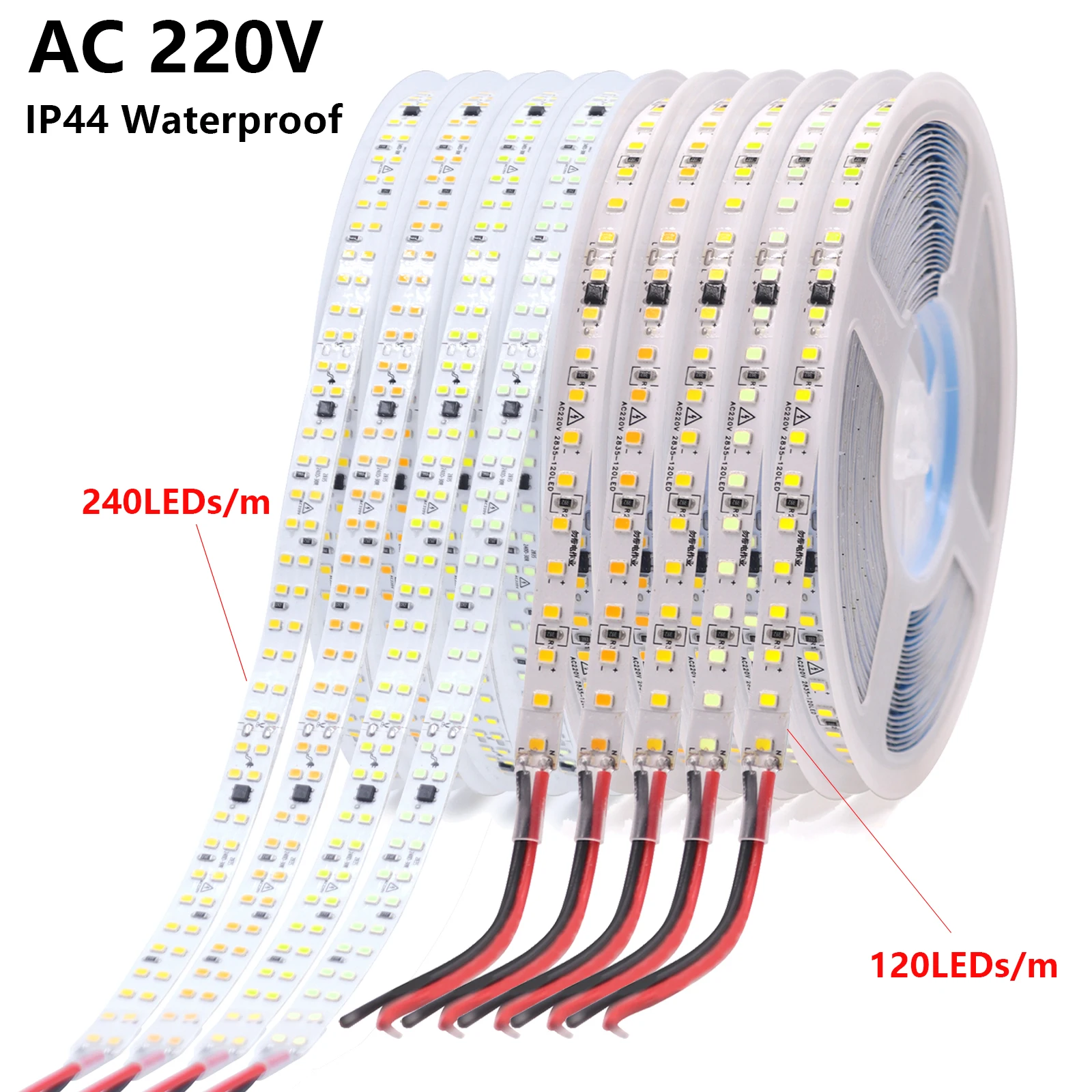 10M LED Strip 220V Adhesive High Brightness SMD 2835 120LEDs/m 240LEDs/m Waterproof LED Adhesive Tape Warm White Yellow Ice Blue