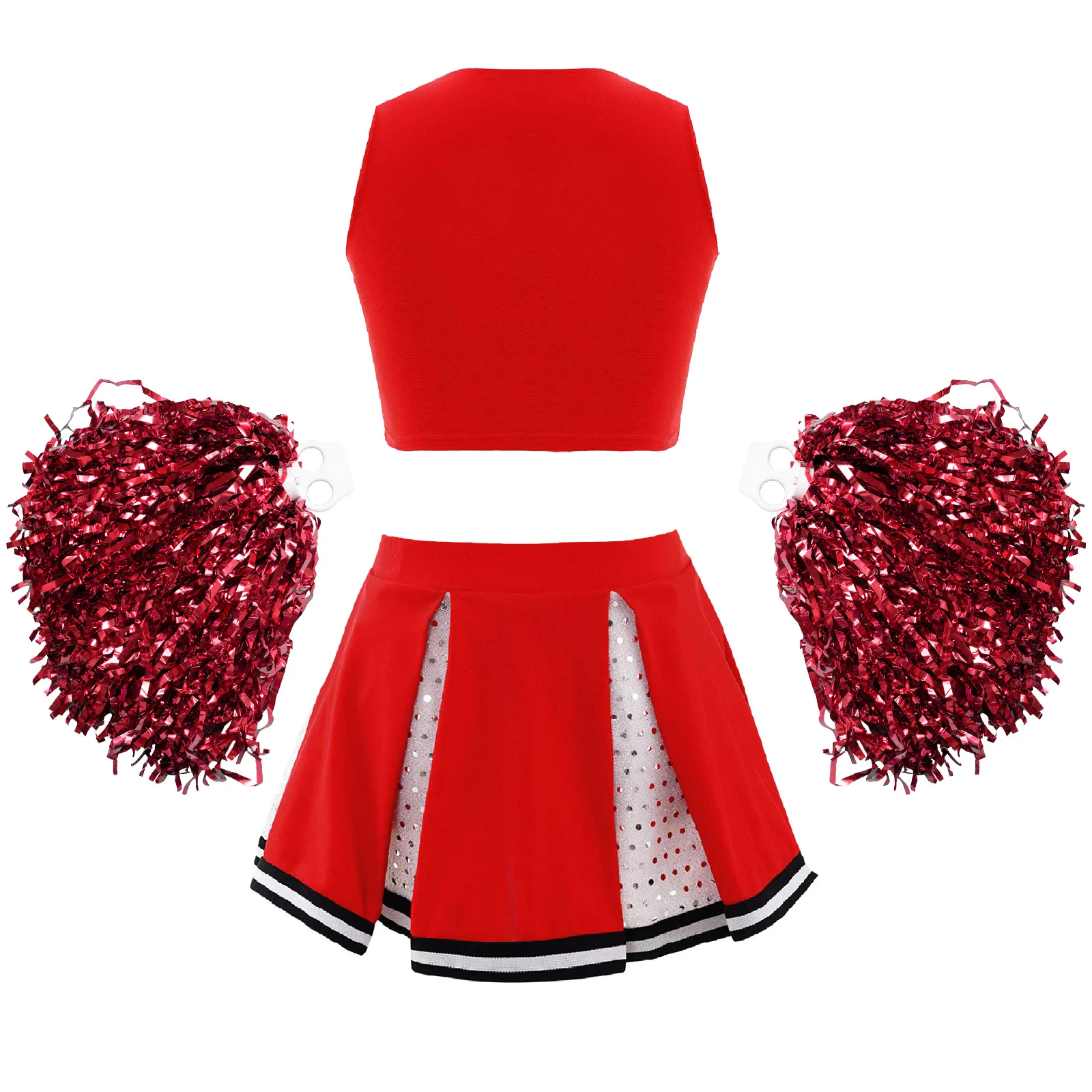 Kids Girls Cheerleading Uniform Dance Costume Striped Front V Neckline Top with Pleated Skirt and 2Pcs Flower Balls children cheerleading costumes
