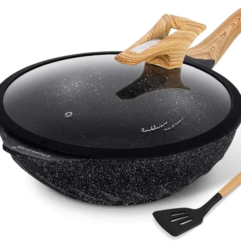 

COOKLOVER Nonstick Woks And Stir Fry Pans Die-cast Aluminum Scratch Resistant100% PFOA Free Induction Wok pan with Lid 12.6 Inch