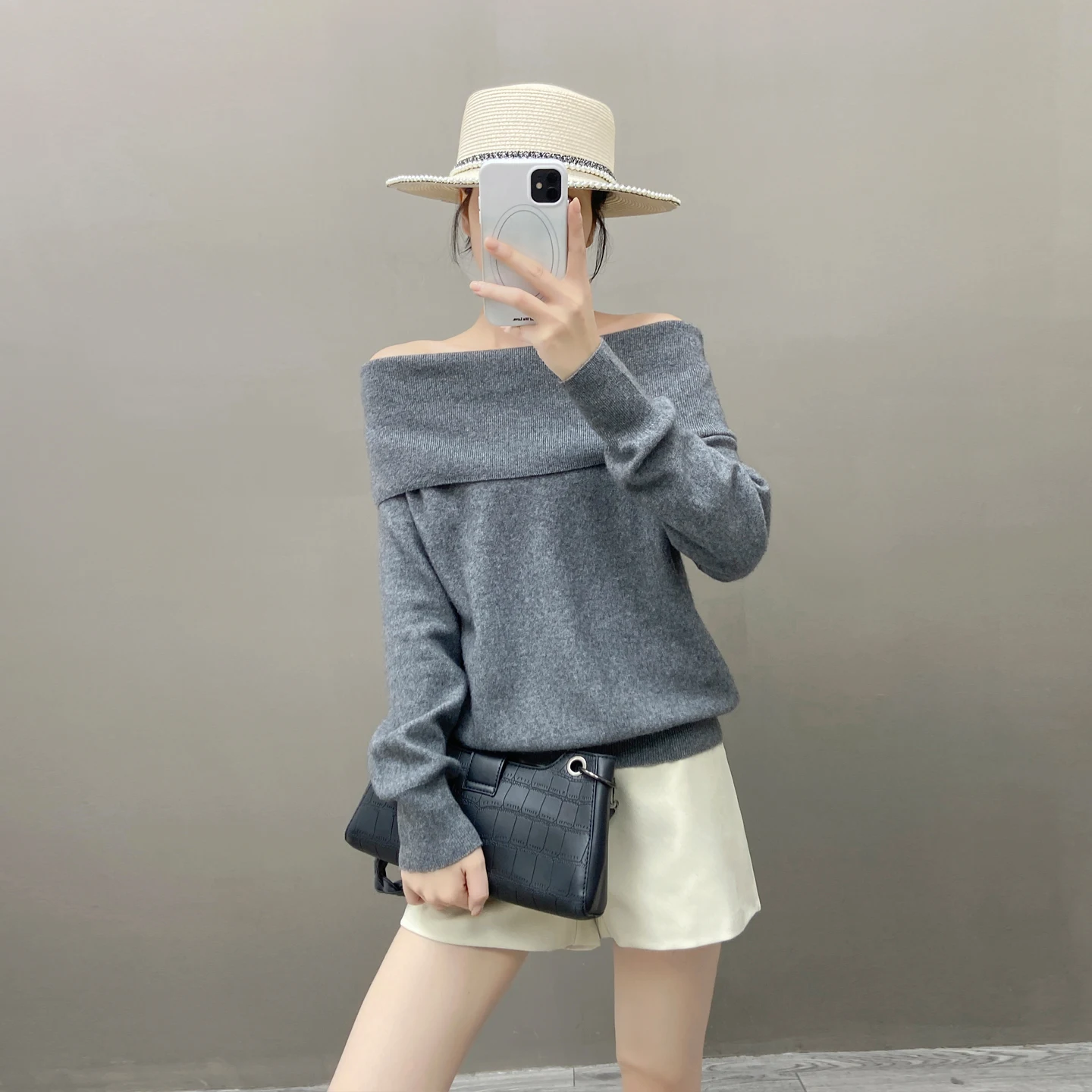 Autumn/Winter Women's 100% Cashmere Pullover Casual Solid Knitted Sweater Loose One Piece Neck Off Shoulder Tops Warm Jumper