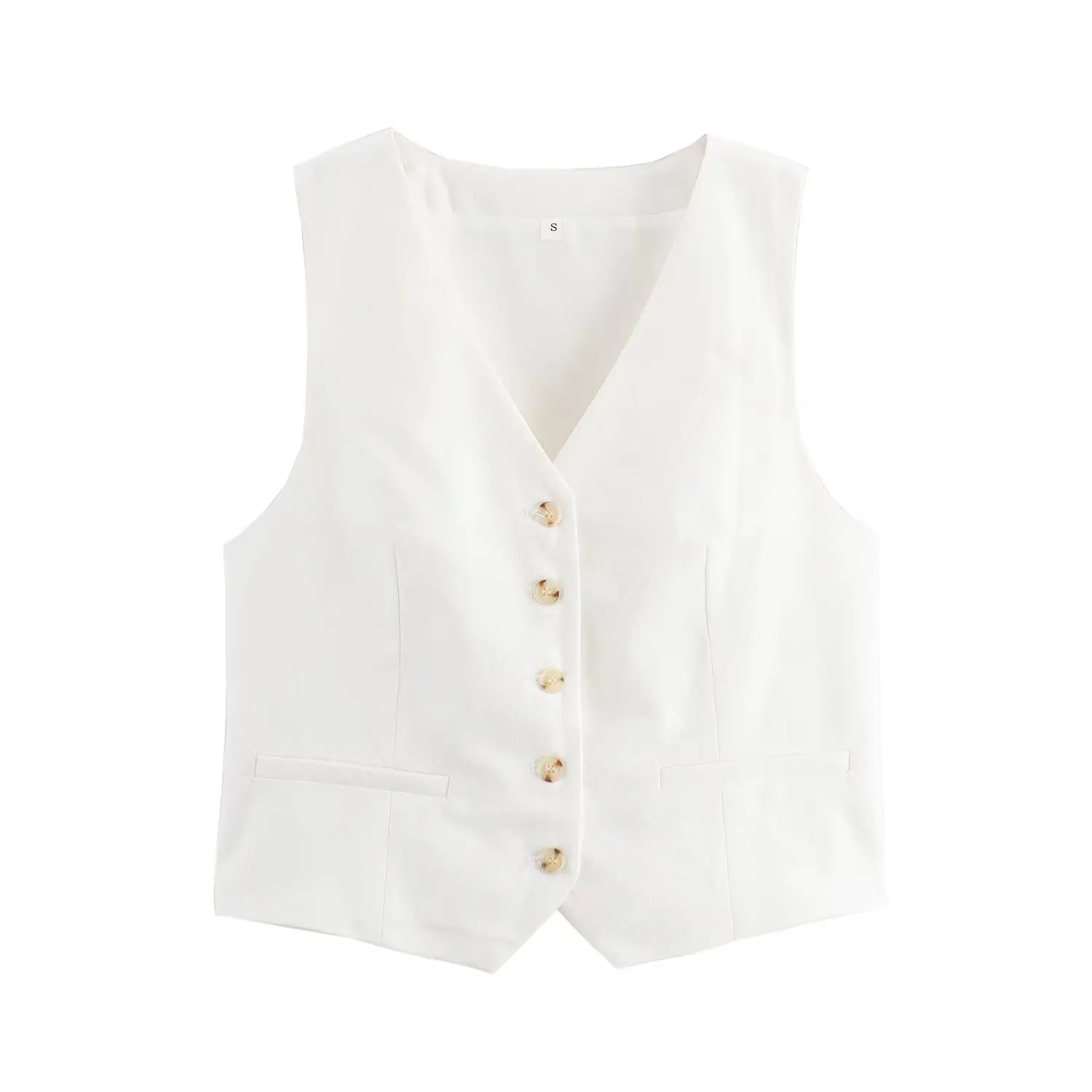 HH TRAF Chaleco de lino liso de moda para mujer, de un solo pecho, sin mangas, con cuello en V, elegante y casual para la calle