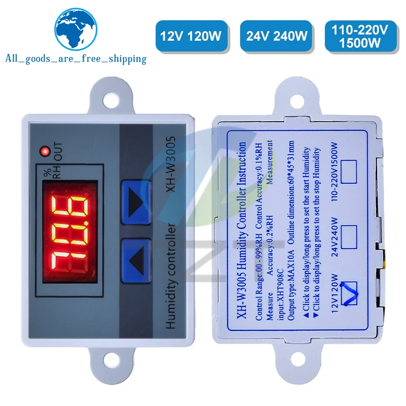 TZT W3005 DC 12V 24V 220V 10A 디지털 습도 컨트롤러 습도계 제어 스위치 0 99% RH 습도 조절기 (습도 센서 포함)