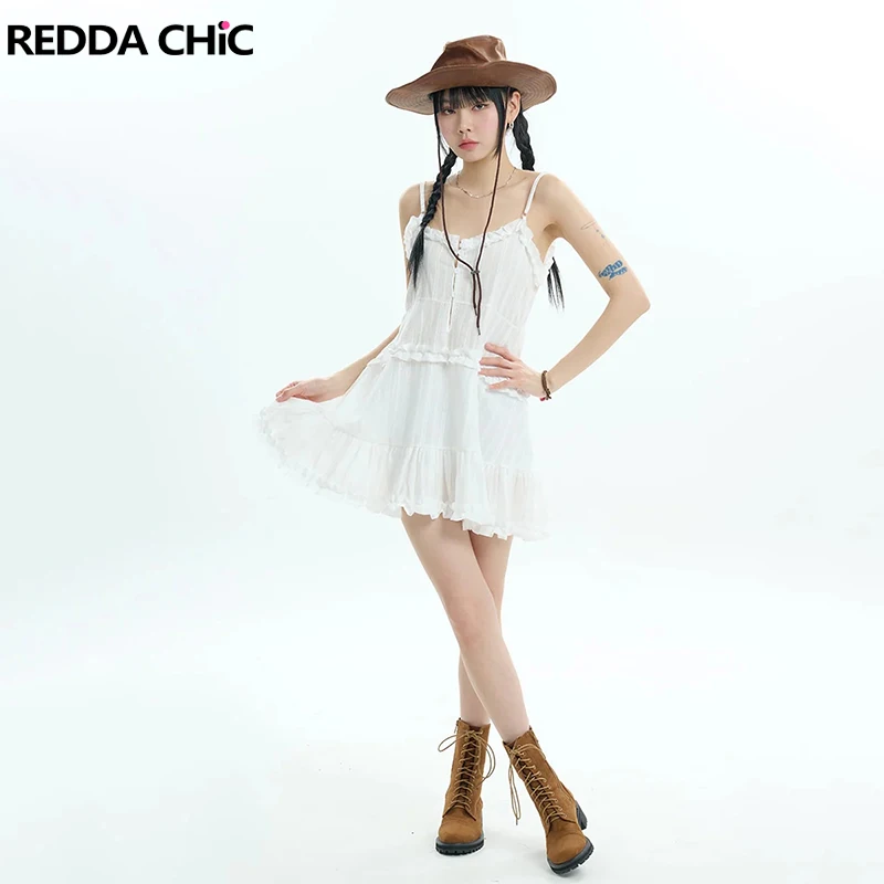 

REDDACHiC See-through White Lace Layered Mini Dress Women Summer Casual Spaghetti Straps Ruffle Trim One-piece Korean Clothes