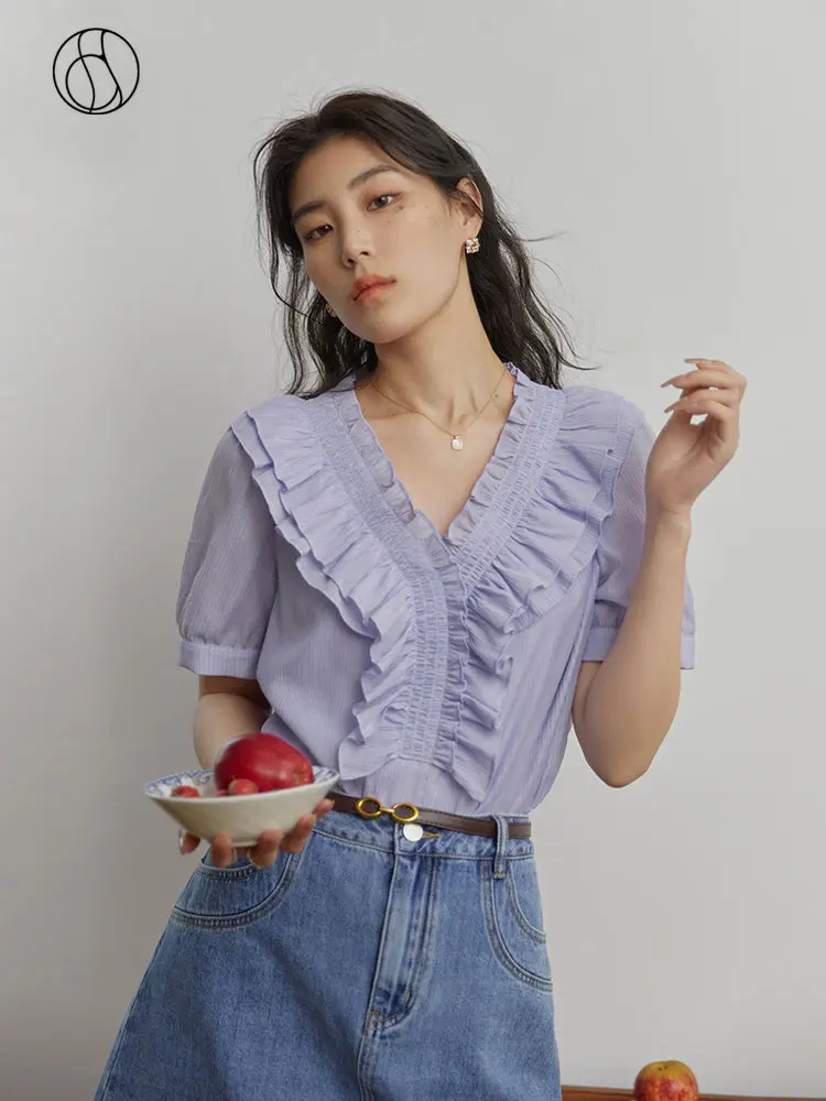 

DUSHU Sweet Women V-Neck Chiffon Shirt 2023 Summer Niche Design Fungus Lace Short-sleeved Shirt For Women Commuter Female Top