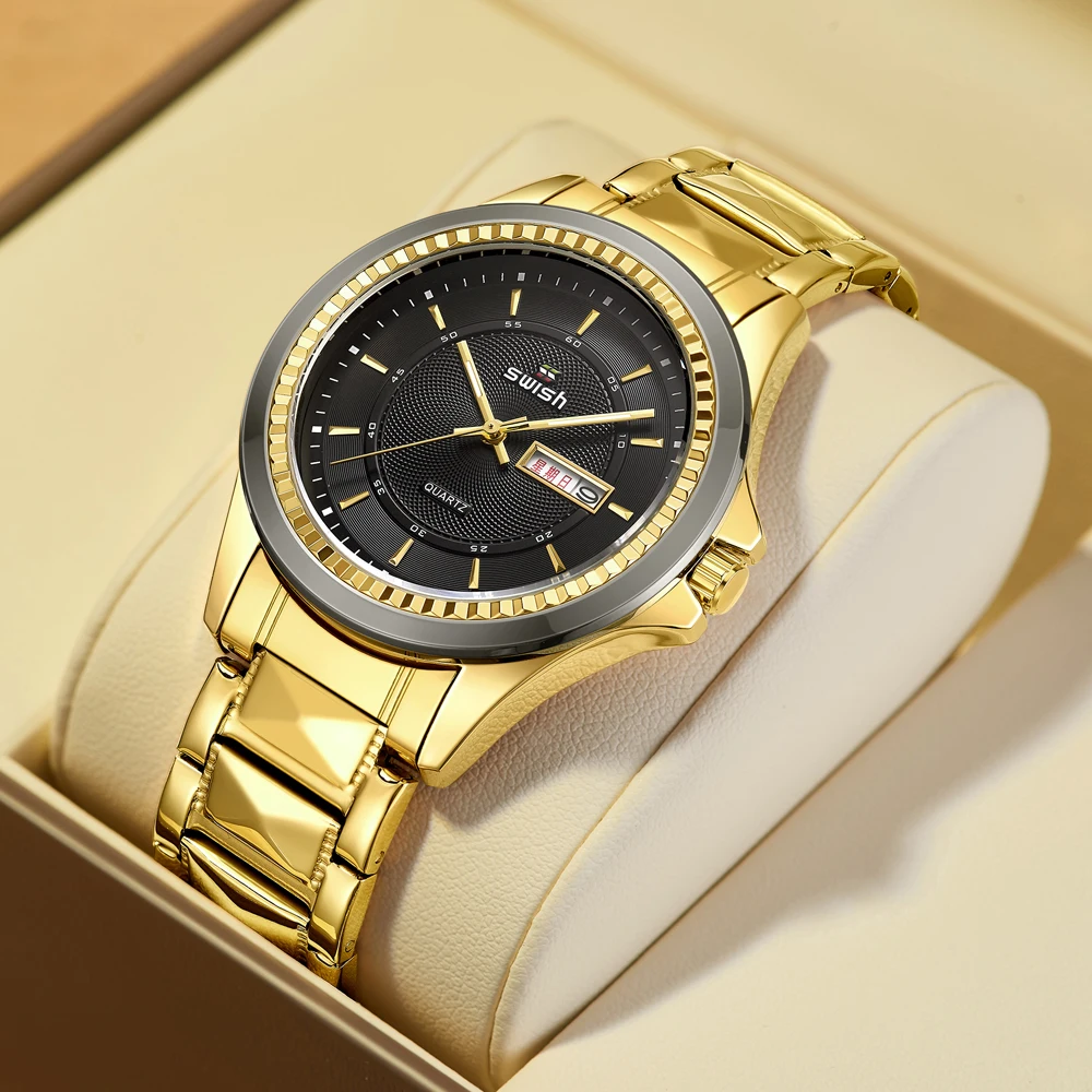 2022 SWISH Dress Watch for Men Luxury Waterproof Fashion Clock Weekday Date Polish Gold Japan Quartz Movement Reloj Hombre