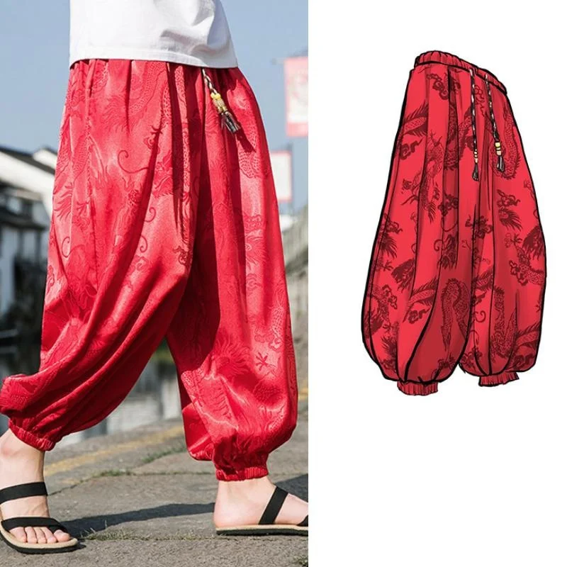 Summer Ice Silk Dragon Pattern Pants Men's Beach Bloomers Retro Casual Wide-leg Flower Pants Harajuku Fashion Jogging Pants