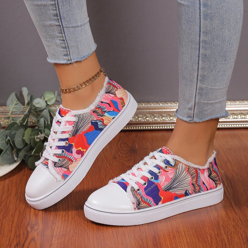 Fashion washed cloth shoes Casual fashion large size shoes printed flat lace-up women's shoes sunflower circle skull pattern