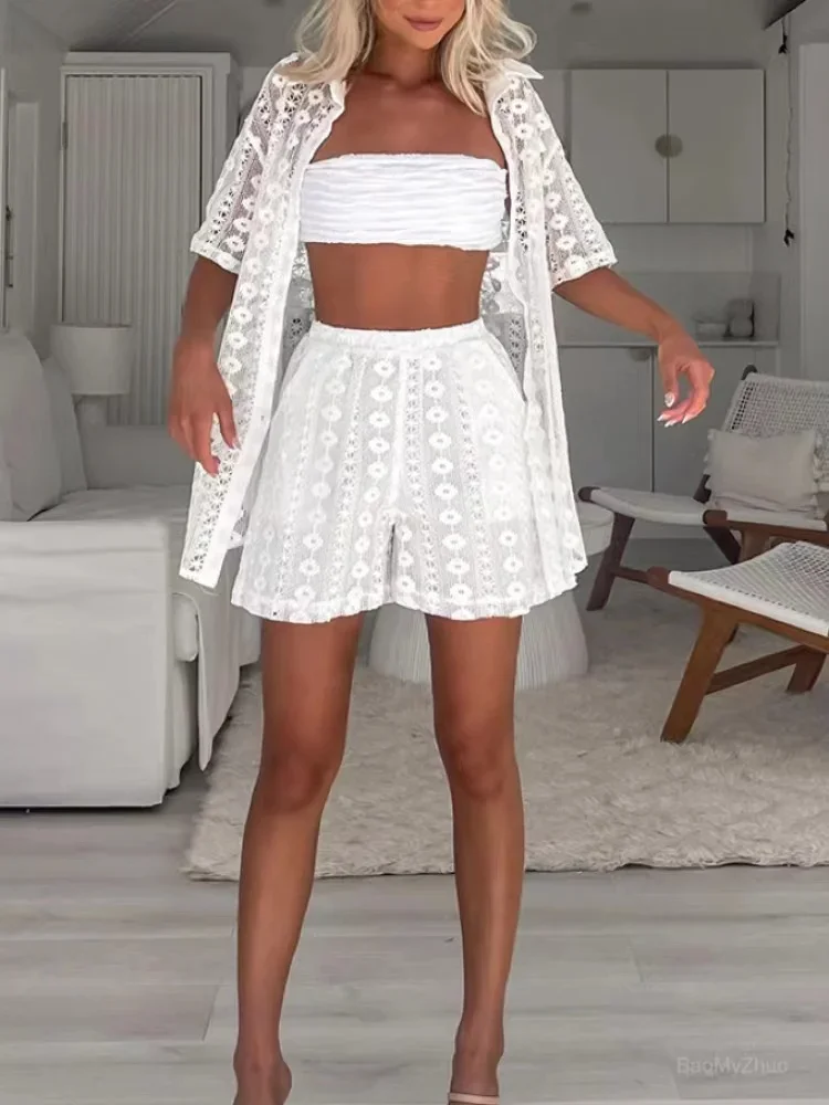 

Женский открытый кардиган с полурукавами, летний топ с отложным воротником, Комбинированные комплекты, белые лоскутные дамские костюмы, 2024