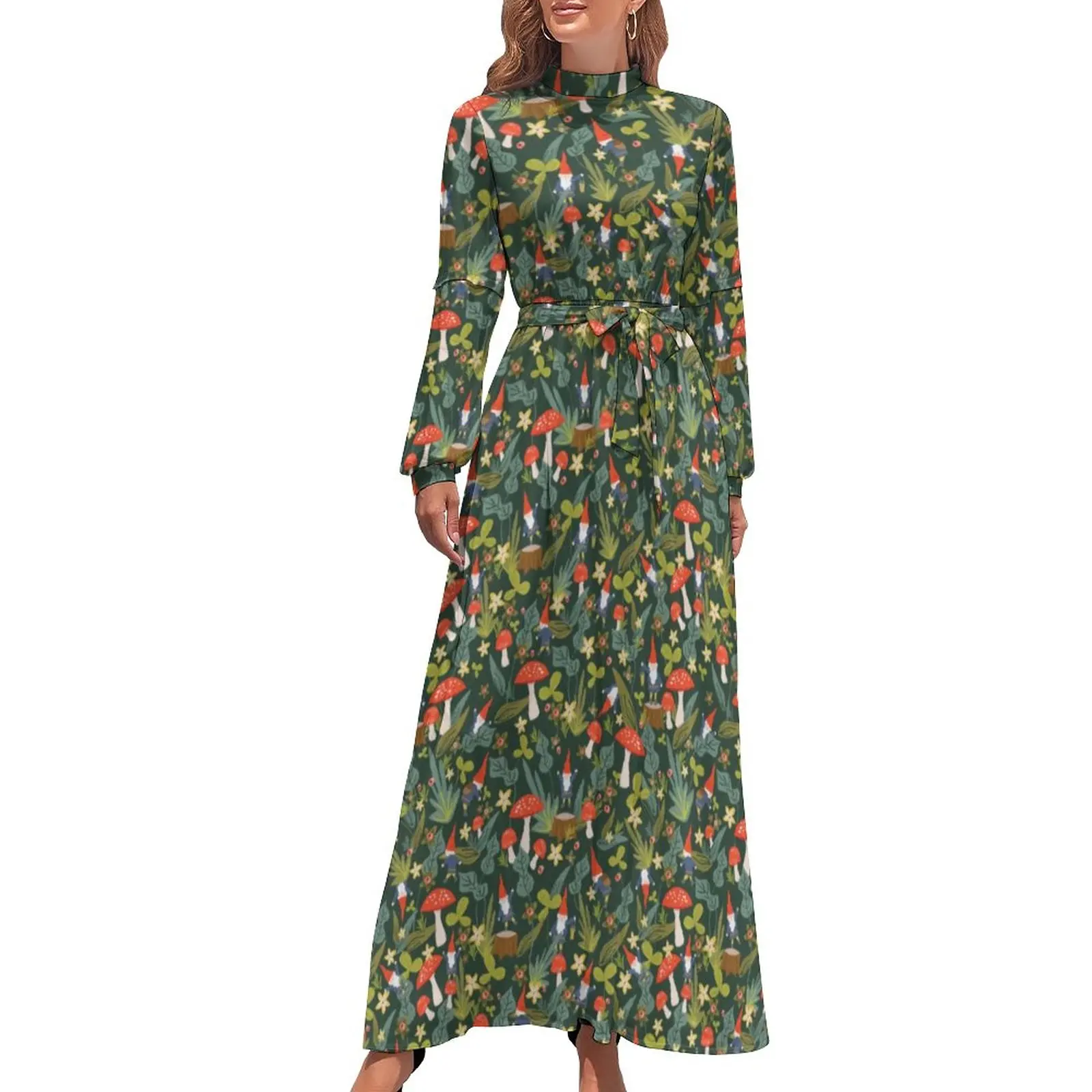 

Magic Mushroom Print Dress High Neck Woodland Gnomes Bohemia Dresses Long-Sleeve Street Style Long Maxi Dress Elegant Clothing